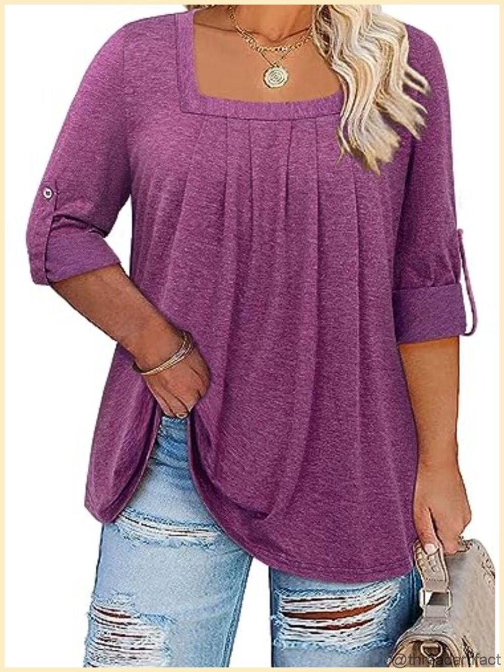Plus Size Tunic Top 3/4 Rolled Sleeve Square Neck Loose Fit Womens Blouse